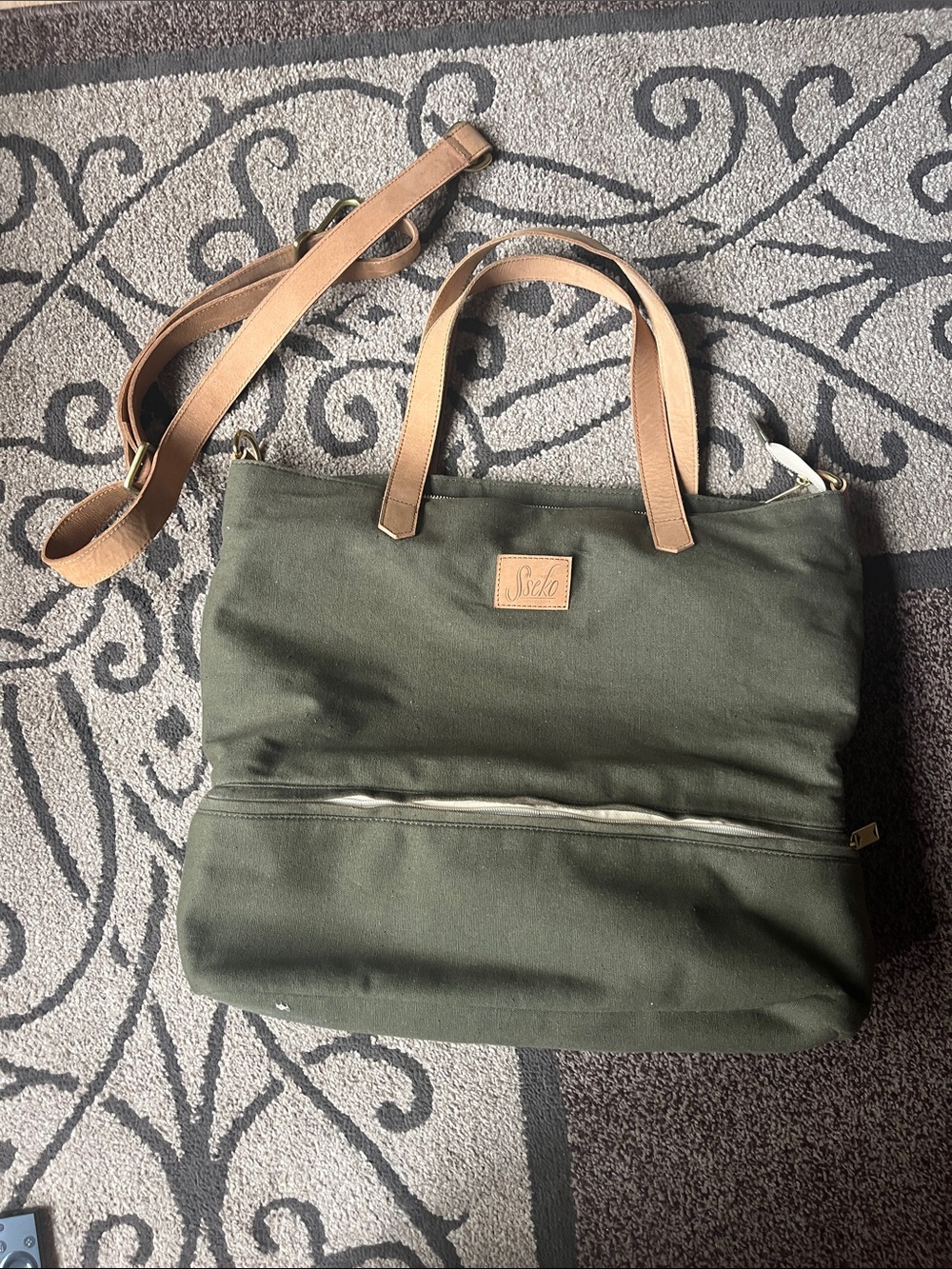 Sseko Olive Green Canvas Tote with Tan Leather Straps